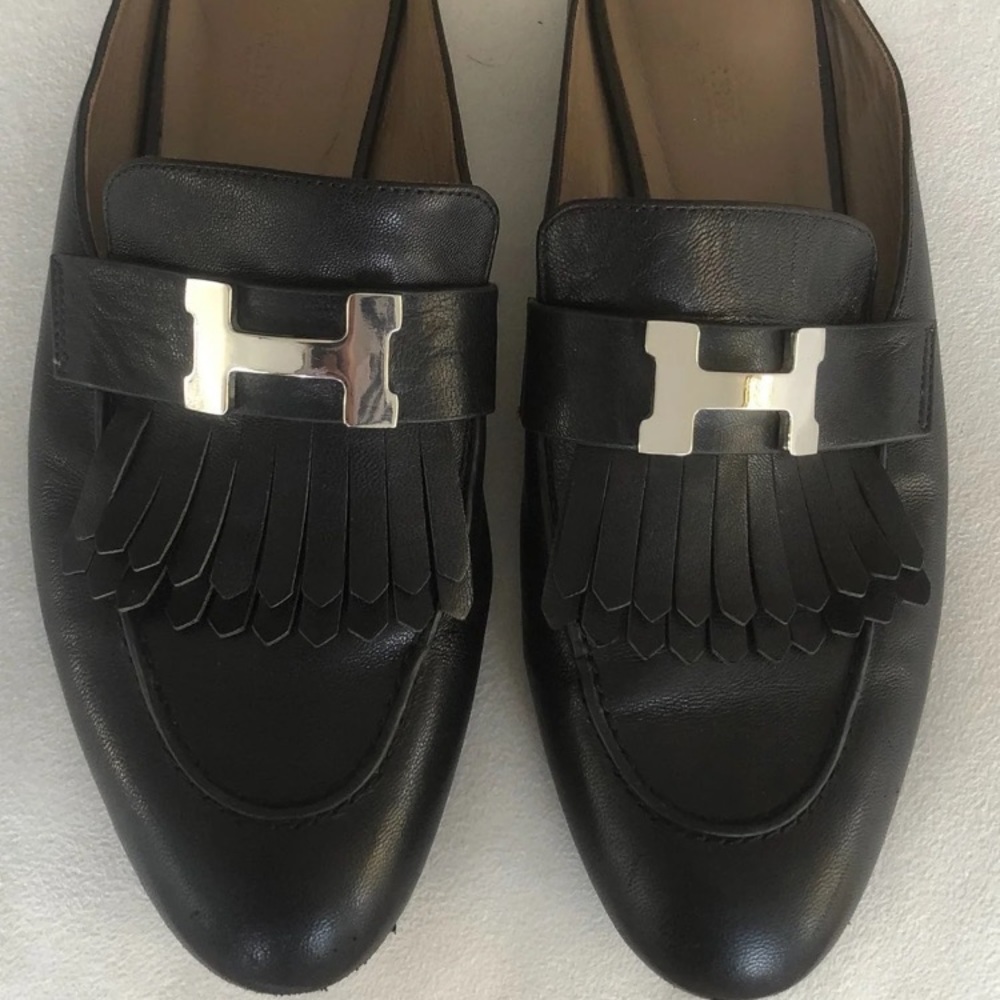 Hermes 36 6 US Rivoli Mules Black Fringe Silver H - Picture 2 of 7